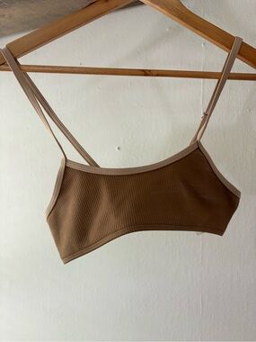 SHEIN Brown Ribbed Seamless Bralette with Beige Trim